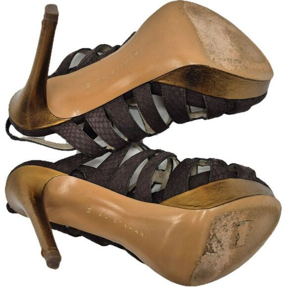 Elie Tahari Meredith Wedge Suede Strappy Heeled Sandals Brown Gold Women's 8 38 - Picture 4 of 9